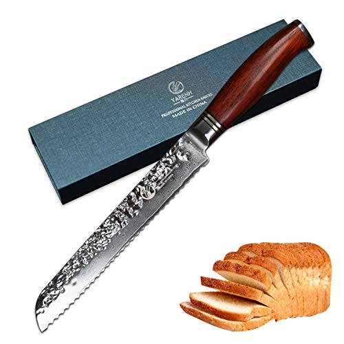 YARENH Couteaux a Pain 20cm - Couteau Cuisine Professionnelle - Couteau à Lame en Acier de Damas Japonais & Manche en Bois Dalbergia,Couteaux Cuisine HTT-Série