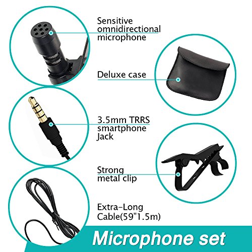Microfono Lavalier, SYFIELD Mini Microfono Clip a Condensatore Omnidirezionale 3.5mm con 2 adattatore per Smartphone, PC e Line-in Registratore, Nero