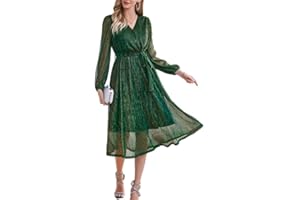 GRACE KARIN Damen Abendkleider Elegant für Hochzeit Glitzer Cocktailkleid Knielang A-Line Dünner Langarm Festliche Kleid mit Gürtel