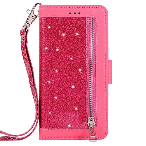 JAWSEU Handyhülle für Samsung Galaxy A70 Hülle Glänzend Bling Glitzer PU Leder Hülle Flip Case Schutzhülle Tasche Geldbörse mit 9 Kartenfach Reißverschluss Klapphülle Brieftasche Wallet Case,Rot