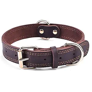 DAIHAQIKO Dog Leather Collar with Double D-Ring Dual Stitching Best for Large Medium Dogs Pets