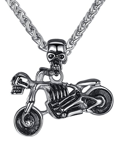 Aoiy Herren-Halskette mit Anhänger, Schädel Motorrad, Edelstahl, 61cm Kette, ccp014