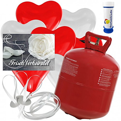 50 Herz Luftballons freie Farbwahl mit Helium Ballon Gas + 50 Weitflugkarten "Frisch Verheiratet" + Gratis Doriantrade Seifenblasen 60 ml Hochzeit Valentinstag Komplettset