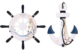 Skelang Nautical Ship Wheel Ornament 33cm, Anchor Wall Hanging Decor, Wooden Mediterranean Wall Art, Indoor Outdoor Hanging Decor for Party, Bathroom Door, Pack of 2
