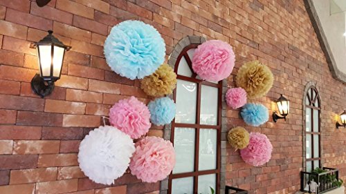 Bliqniq 12x Seidenpapier pompoms Papierblumem deko Dekoration für Hochzeit Geburtztag Baby Shower Rosa/Gold/Hellblau/Hellrosa/Weiß(20,25,30,35cm) - 4