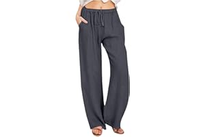 ZEIAYUAS Linen Trousers Women's Long Lightweight Summer Trousers Cotton Linen Trousers Plain Loose Wide Leg Trousers Casual Loose Fabric Trousers with Drawstring and Pockets Sports Trousers Comfortable Airy