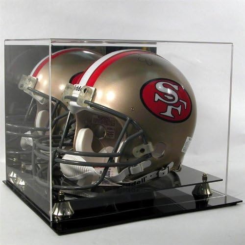 Football Helmet Display Case Mirror Back 100% Uv BLK Acrylic base GOLD risers by Pennzoni Display