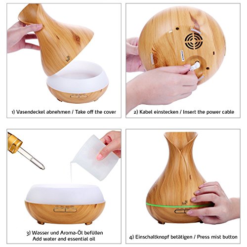 Aroma Diffuser 400ml Likemylux Luftbefeuchter Ultraschall Duftzerstäuber für Öl Aromatherapie in Holzmaserung mit 7 Led Farben inklusive Zeit Timer mit automatischer Abschaltfunktion | 2 Jahre Garantie | Holzoptik Hell - 4