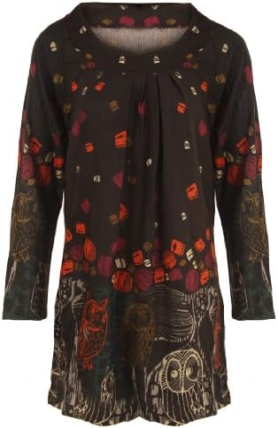 New Womens Brown Owl Print Tunic Top Dress Scoop Neck Pleated Front Long Sleeves Ladies Fashion Size 10 12 14 16