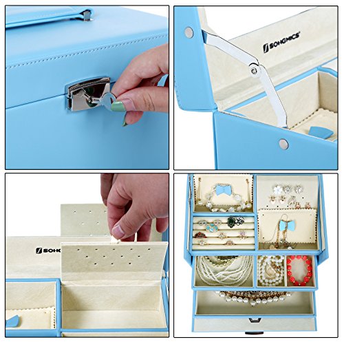 Songmics Schmuckkasten Schmuckkoffer 3 Ebenen mit Schubladen Spiegel himmelblau JBC218 - 4