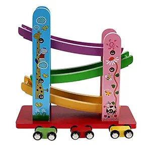 PLUSPOINT Wooden Race Track Car Toy for Toddler, Ramp Racer with 3 Mini Cars, Early Educational Gifts for 3+ Year Old Kid, Boy, and Girls (Sliding Car)