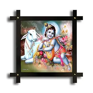 Poster N Frames Cross Wooden Frame Hand-Crafted with Photo of (Baby) Bal Krishna Size (16.5x16.5inch,Wood,Multicolour)