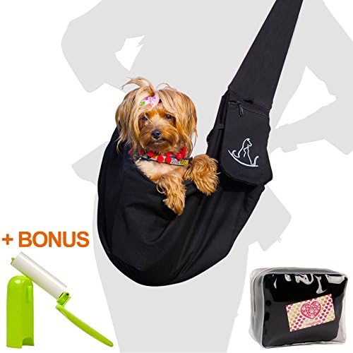 Pet Sling Carrier for Small Dogs and Cats - Adjustable Strap and Front Pocket - Perfect for Travel and Car Transport - Free Bag and Lint Roller - Up To 15 lbs
