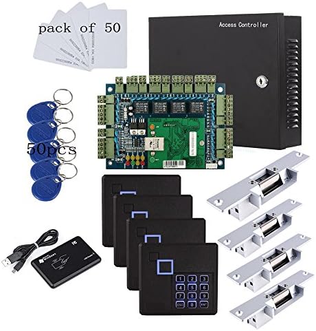 Network 4 Doors RFID Access Control System &amp; Strike NO Lock +RFID Keypad Reader +Enroll RFID USB Reader+110V Power Box+RFID Keyfods/Cards