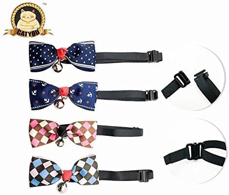 CatYou 4 PCS Set in Different Colors, Bowknot Collar Bow-Tie with Bell for Cats Small Dogs Puppy, Adjustable from 7"-11.8"