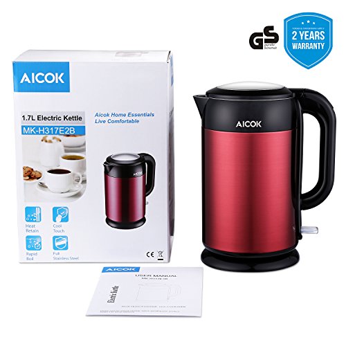 Aicok Wasserkocher, Voll Wasserkocher Edelstahl, Doppelwandig, Verbrühschutz, Auto Abschaltung, BPA frei, 2200 Watt, 1,7 Liter Rot - 7