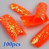 100 Stunning Glitter Orange Sparkle Slice French False Nail Art Tips NEW