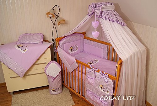 8 pcs BABY BEDDING SET /BUMPER/CANOPY /HOLDER to fit COT BED 140 x 70cm PURPLE