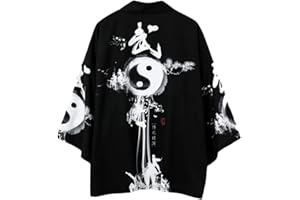 Tomwell Homme Chemisier Kimono Japonais À Yin Yang Dragon Imprimé Harajuku Cardigan Oriental Ethnique Peignoirs de Bain Yukata Ouvert Devant Manteau Unisex
