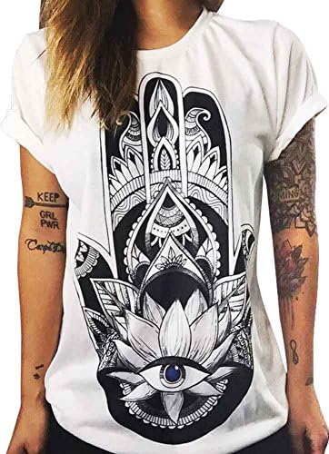 KOINECO Women's Hamsa Hand Print T Shirt Tops White X-Large