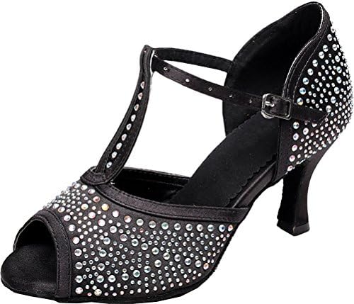 Salabobo AQQ-7077 Womens Latin Wedding Party Tango Peep Toe Mid Heel Satin Rhinestone T-Strap Dance Shoes Black UK 5.5