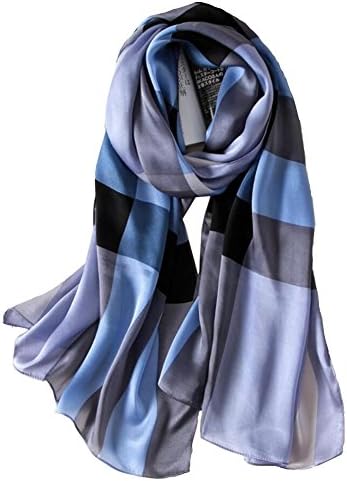 Women Silk Scarf Sunscreen Sandy Beach Air Conditioner Silk Scarf Long all-match Fashion Lattice Pattern , blue