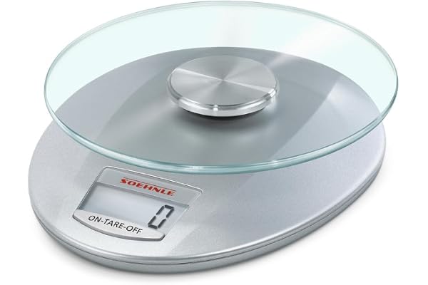 Soehnle Balance de cuisine Roma Silver, pèse aliments culinaire à affichage LCD, Pèse aliments d’une capacité de 5 kg avec plateau de pesée en verre, balance numérique