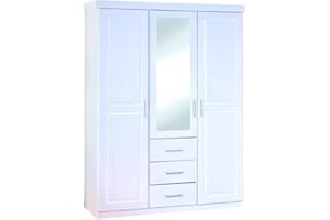 Inter Link - Armario - Armoire à portes battantes - Armoire avec glace - Armoire penderie - Bedroom wardrobe - 3 doors - 3 drawers - Solid pine - Geraldo - Blanc lacqué