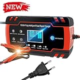 Directtyteam Chargeur de Batterie Intelligent Portable 8A 12V/4A 24V LCD Écran avec Protections Multiples Type de réparation pour Batterie de Voiture Moto (Rouge)