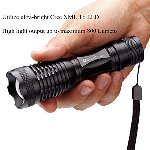 OxyLED MD50 CREE 500LM LED Taschenlampe mit Li-ion Akku, EU Netzteil Akkuladegerät und Batteriehalter, Zoombar, 3 Helligkeitsstufen Portabel für Outdoor Camping, Schwarz