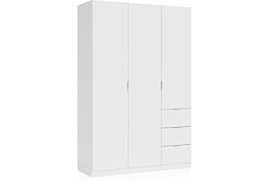 duehome | Armario Ropero de 3 Puertas y 3 Cajones, Armario Dormitorio, Acabado en Color Blanco Soft, Modelo Magan, Medidas: 135 cm (Ancho) x 200 cm (Alto) x 52 cm (Fondo)
