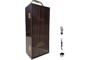 Genérico Caja de Madera para Vino de Regalo. Incluye Accesorios para Botella, Abridor, Tapón Servidor y Aro antigoteo. Aspecto Madera de ébano, Interior Suave Color Negro.