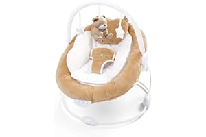 Ladida weich gepolsterte Wippe im braunen Teddy-Design mit beruhigenden Vibrationen, Musikmelodien, abnehmbarer Spielzeugbügel mit 3 süßen Spielzeugen 078