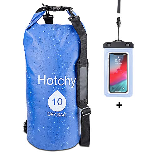 Hotchy Bolsa Estanca 10L 20L Bolsa Seca Impermeable con Waterproof Funda Táctil de Móvil Dry Bag con 2 Acolchadas Correa Ajustable Larga para Pesca Rafting Natación Snowboard (Blue, 10L)