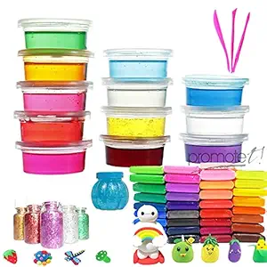 Promote Trader DIY Slime Kit with 12 Crystal Slime+ 48 Air Dry Clay+ 1 Slime Pot with Free Tools and Glitter for Kids Boys and Girls Age 3+ Years Magic Mud Surprise Gift