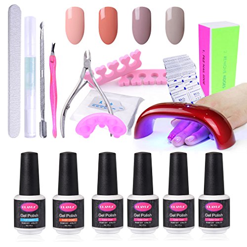 CLAVUZ Gel Nail Polish Set Soak Off Nail Starter Kit 4pcs with 9W UV LED Nail Light Dryer with Top and Base Coat plus Nail Art Manicure Tools DIY at Home