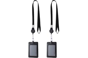 Hemiks 2 Porta Badge da Collo in Pelle, Porta Tesserino da Collo Retrattili Porta Badge Pelle Verticale con Cordino, Lanyard con Porta Badge per Ufficio Scuola Esposizione Pass Autobus (Nero)