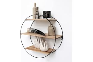 Vivol Metalowy regał ścienny, czarny, z drewnianymi półkami, okrągły, 3 drewniane półki – 50 x 19 cm – wiszący regał metalowy – dekoracja ścienna do salonu, sypialni i pokoju dziecięcego