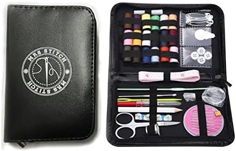 Luxury Mrs Stitch Professional Sewing Supplies Kit With Leather Case - Complete Set w/ Scissors, Threader, Thimble & More for All Of Your Sewing & Emergency Needs