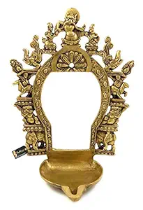 Two Moustaches Ethnic Carving Brass Prabhavali Frame with Diya (Antique Yellow)