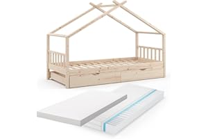 VitaliSpa Letto montessori bambini Design, Legno naturale, 90x200 cm con letto per ospiti e 2 materassi
