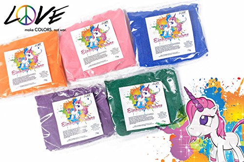 Love Colors EINHORNPULVER - Holi Gulal Farb Pulver - 5 x 75g Beutel / weltexklusives, wasserfeundliches Farbpulver / auch für INDOOR / wasserlöslich, leicht auswaschbar / antiallergen, Lebensmittelfarben / deutsche Produktion