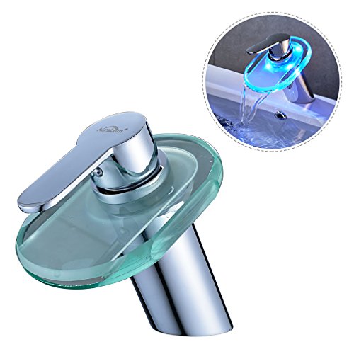 Chrom Waschtischarmatur LED RGB Ellipse Glas Wasserfall Wasserhahn Kupfer Waschbeckenarmatur für Bad Armatur - 2