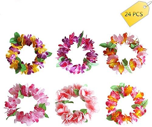KAIFANG 24PCS colorful Tropical Luau Hawaiian leis Flowers Headband Headpiece Necklaces for Party Supplies,Birthday Party Favors,wedding,Easter Decorations