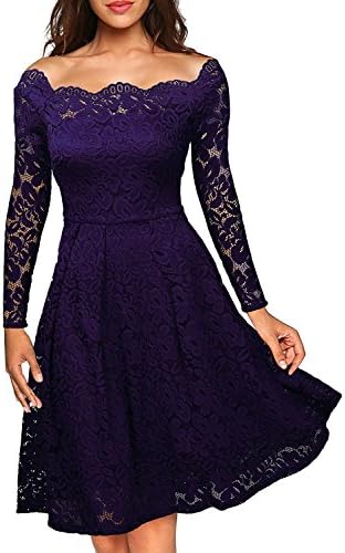 ASCHOEN Women's Vintage Floral Lace Long Sleeve Boat Neck Cocktail Formal Swing Dress Purple XL