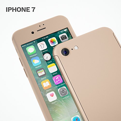 Funda iPhone 7 360 Grados Completa - Carcasa Integral y Cristal de Vidrio Templado para Movil Apple iPhone 7 - Fundas Delantera y Trasera - iPhone 7 Case Cover  Oro 