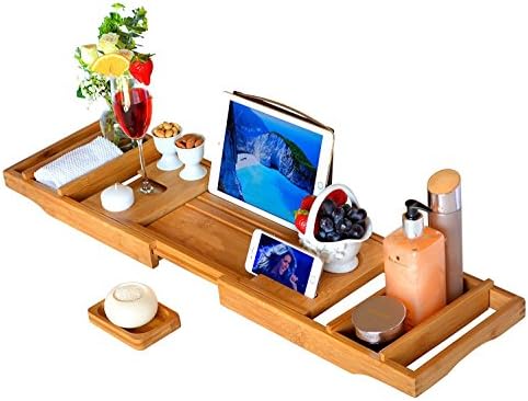 Bathtub shelf, Rixow bath mat Extendable bath board made of natural brown bamboo, incl. Soap shelf