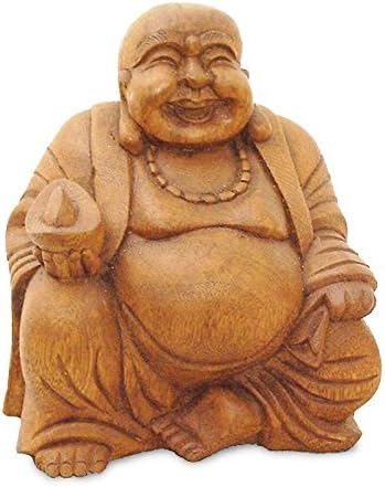 Decorative Figure Sitting Happy Buddha Statue of wood, height 15 cm, Asian deity, hand-made