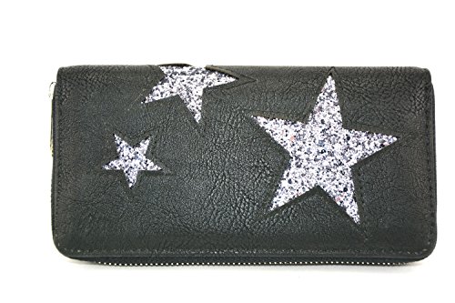 Preisvergleich Produktbild Markenlos Damen Geldbörse Portmonee Brieftasche Glitzer Stern Schwarz