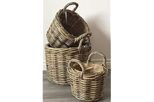 SMRL Round Log/Kindling/Storage Baskets, Hessian Lined, Excellent Quality, Very Strong Kuba Rattan (Set of 3)
